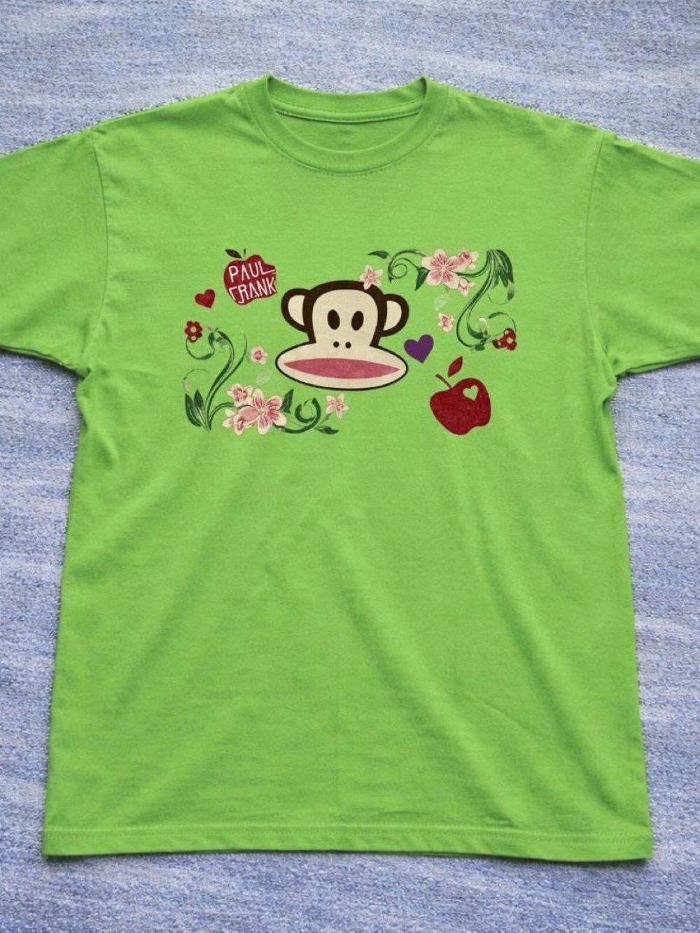 Gildan Lime Green Paul Frank Monkey Tee with Floral & Apple Print